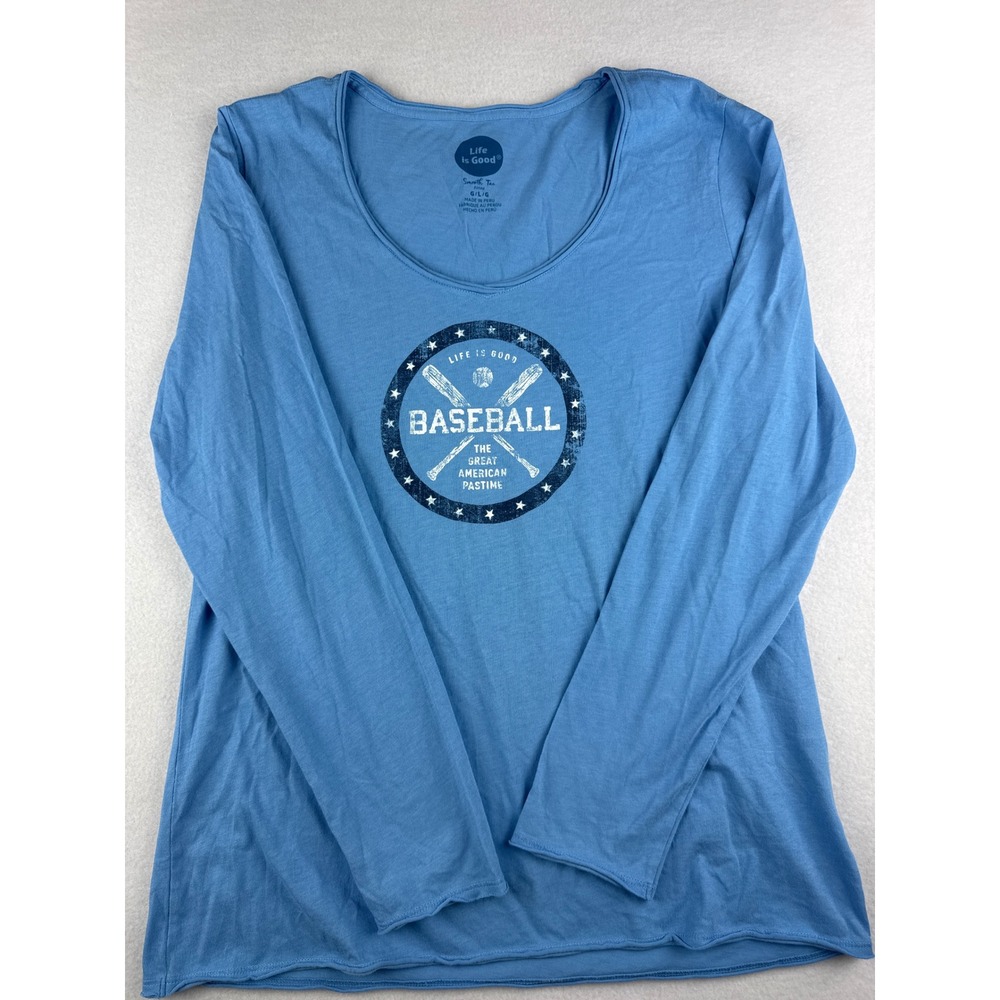Life is Good Womens Blue Baseball Graphic Smooth Tee Long Sleeve Shirt Large